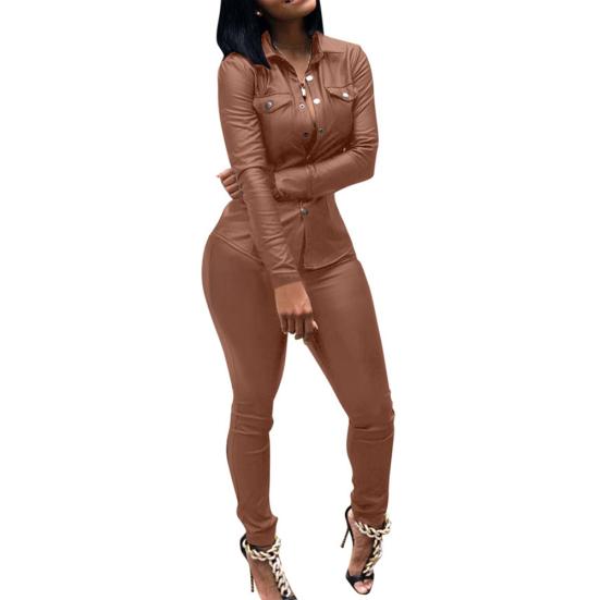 

Женская повседневная однотонная рубашка из искусственной кожи с отложным воротником и брюки, комплект из двух предметов M кофейный