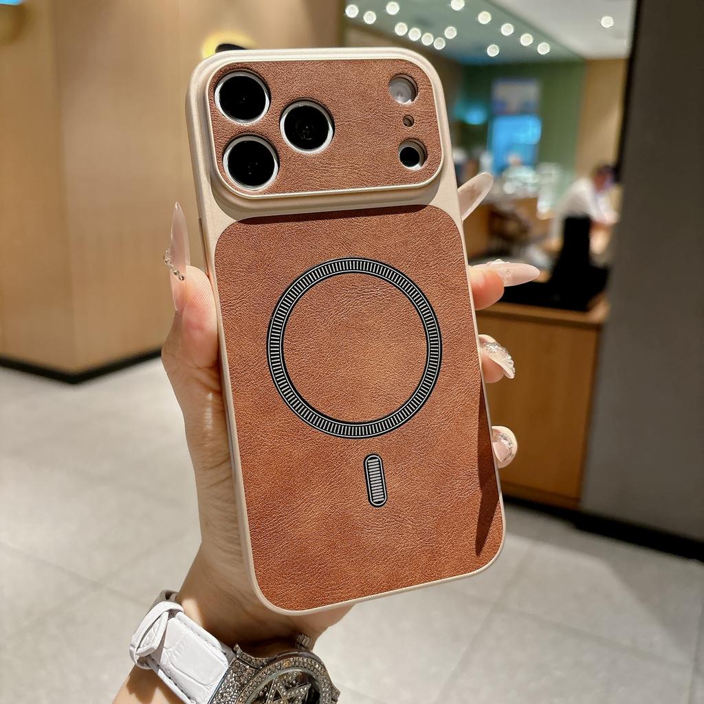 Business Cowhide Leather Texture Magnetic For Magsafe Case For iPhone 17 16 15 14 13 Pro Max Camera Protection Shockproof Cover
