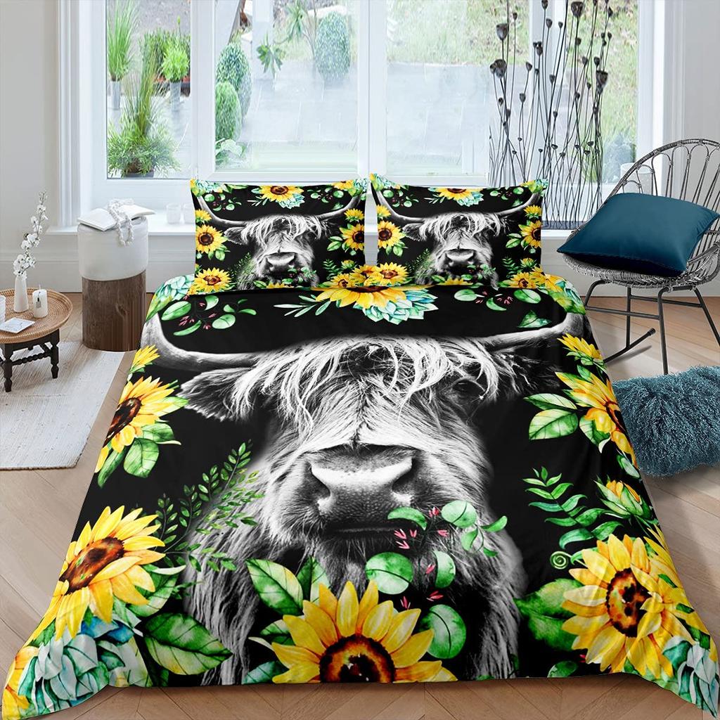 Highland Cow Duvet Cover King Sunflower Black Cattle Bedding Set Microfiber Farm Animal Cow Western Farmhouse Cattle Quilt Cover