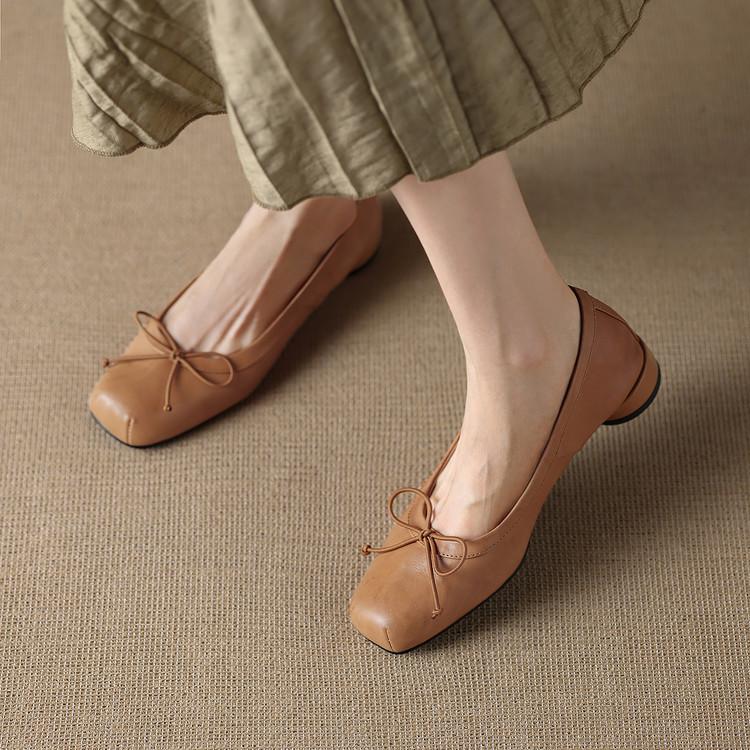 Retro Style Thick Heel First Layer Cowhide Round Head Single Shoes Women's Bow Women's Shoes Professional Women's Shoes