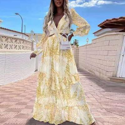 Frühling Sommer Damen Langarm Maxi Strandkleid Sexy Überkreuz Aushöhlung Boho Langes Kleid Tiefer V-Ausschnitt Rüschen Partykleid