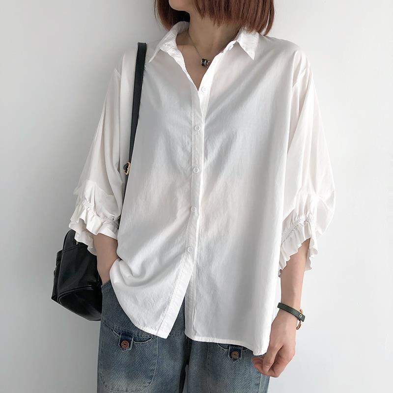 

YYFS Женская мода повседневная весна осень однотонный принт рукава 3/4 воротник поло блузки и рубашки M белый