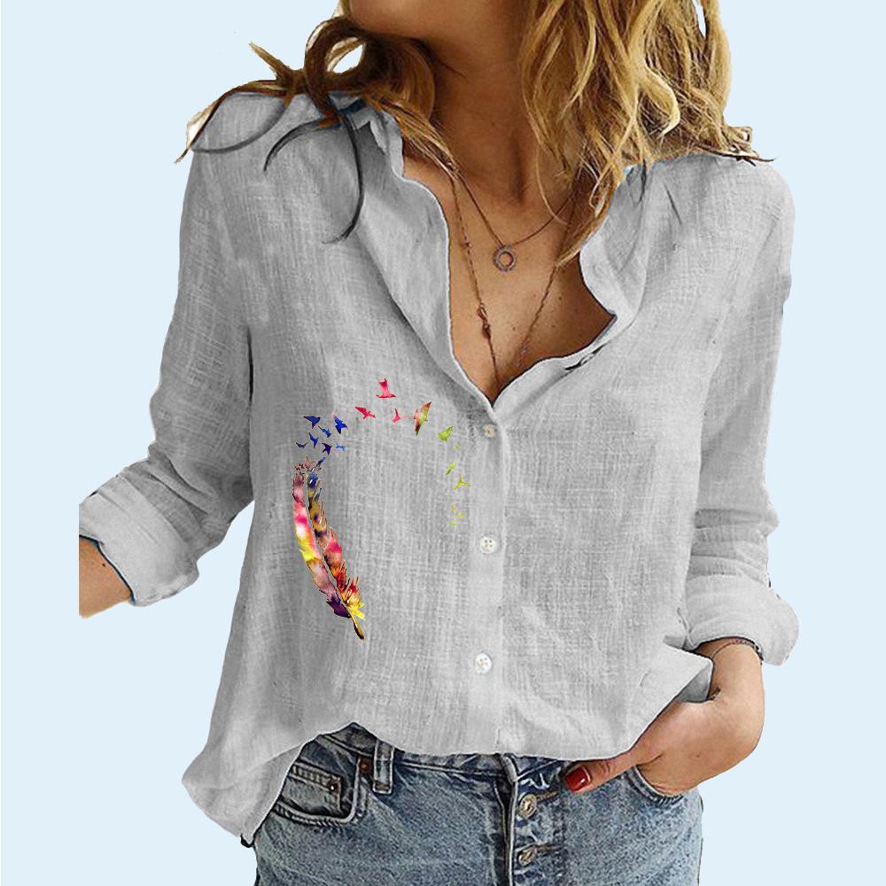 Women Fashion Long Sleeve Shirt Summer&fall Loose Cotton Linen Shirt Female Casual Print Buttoned Blouses
