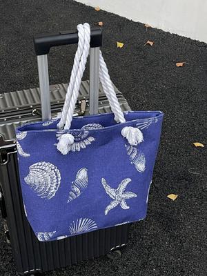 Double-Sided Seashell Canvas Tote - Thick Rope Handle, Large Capacity for Shopping