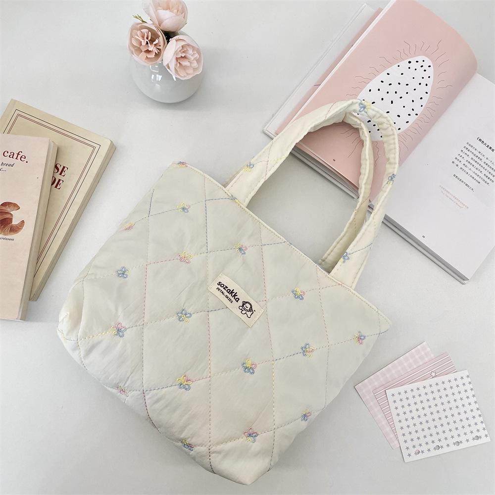 Korean Style Quilted Bow Embroidery Handheld Canvas Handbag for Women 2026 New