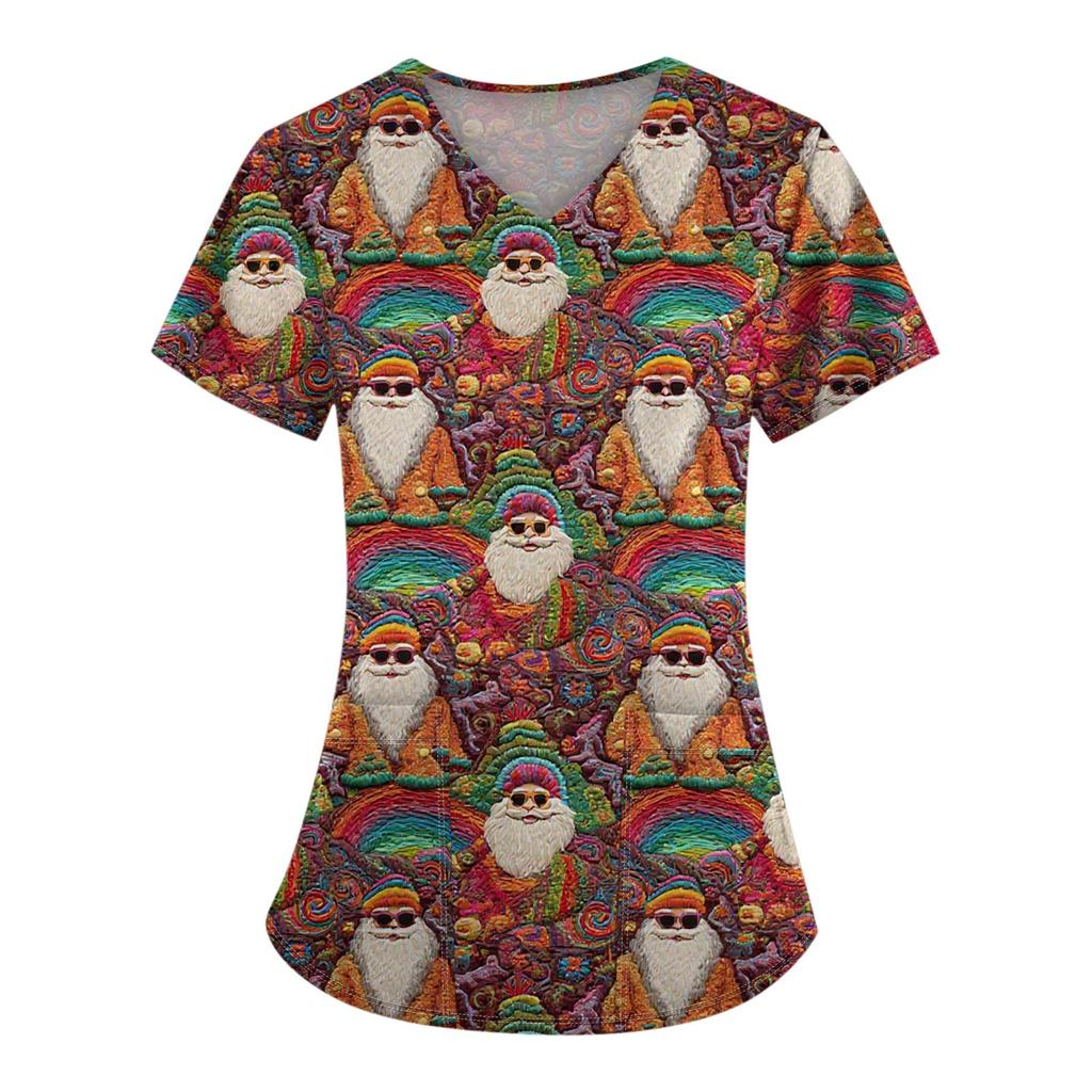 Women's Fashion Printed Short Sleeve V Neck Pattern Tops Pocket Working T-shirts