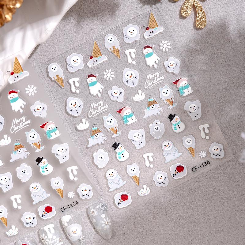 Cyansea 5D Christmas Nail Stickers: Embossed Ice Cream Cone & Snowman Ornaments.