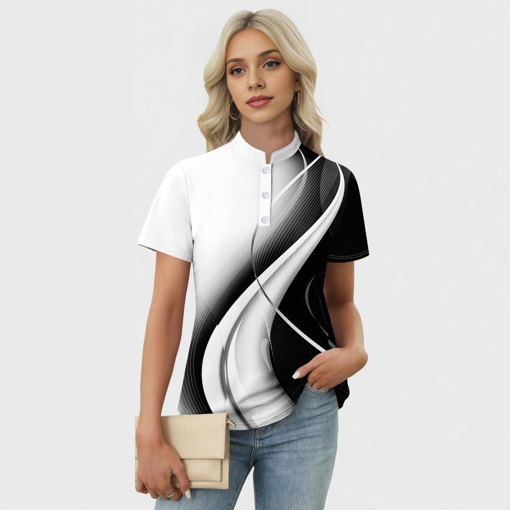 Women's Casual Floral Print V-Neck Short Sleeve Decorative Button T-Shirt Top