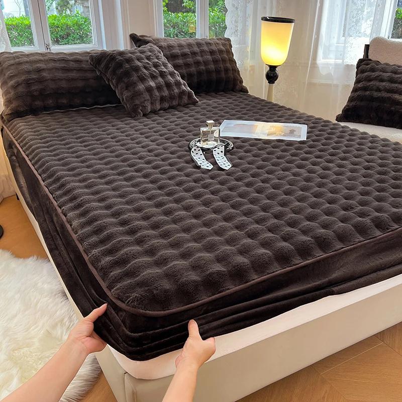Warm Rabbit Plush Bedsheet Winter Thick Mattress Cover Milk Velvet Mattress Protective Cover Quality Velvet Bed Sheets For Home