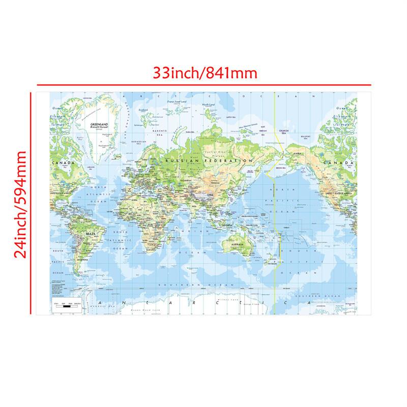 Without Frame English-World Map-Geographic Map with Cities Backdrop,Travel Supplies,for Classroom,Dorm,Office Decor