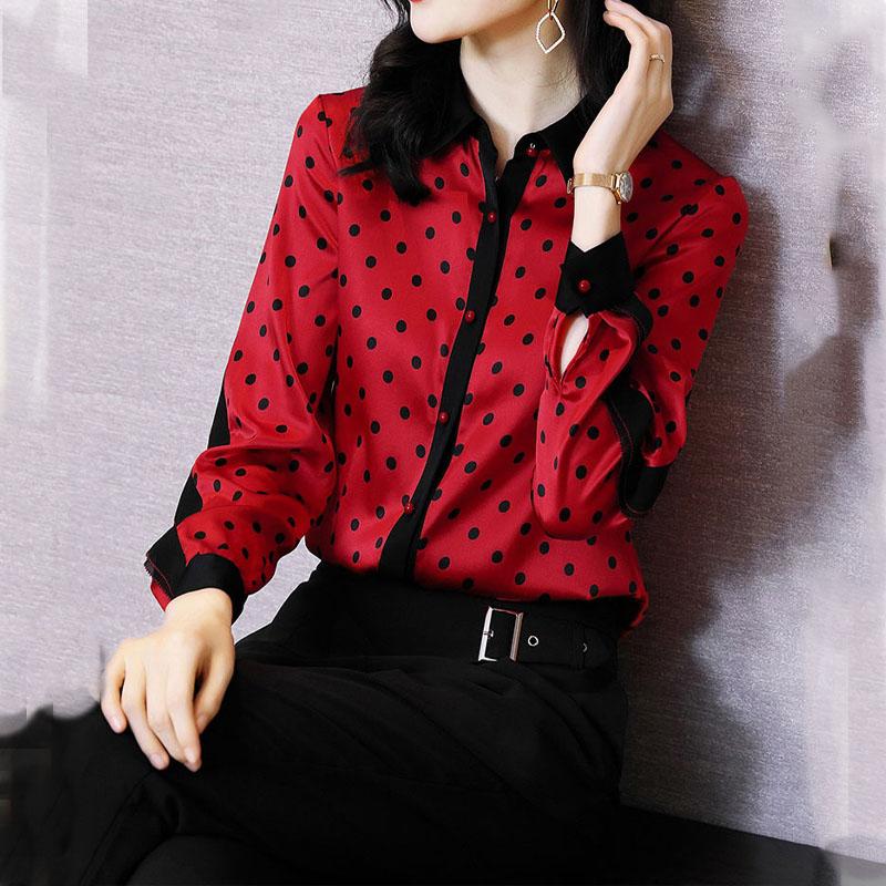 Office Lady Polo-Neck Vintage Polka Dot Shirt Spring Commute Female Button Long Sleeve Spliced Blouse Stylish Women's Clothing