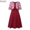 ZANZEA Women Casual Fake Two Piece Patchwork Retro Print Short Sleeve Dress