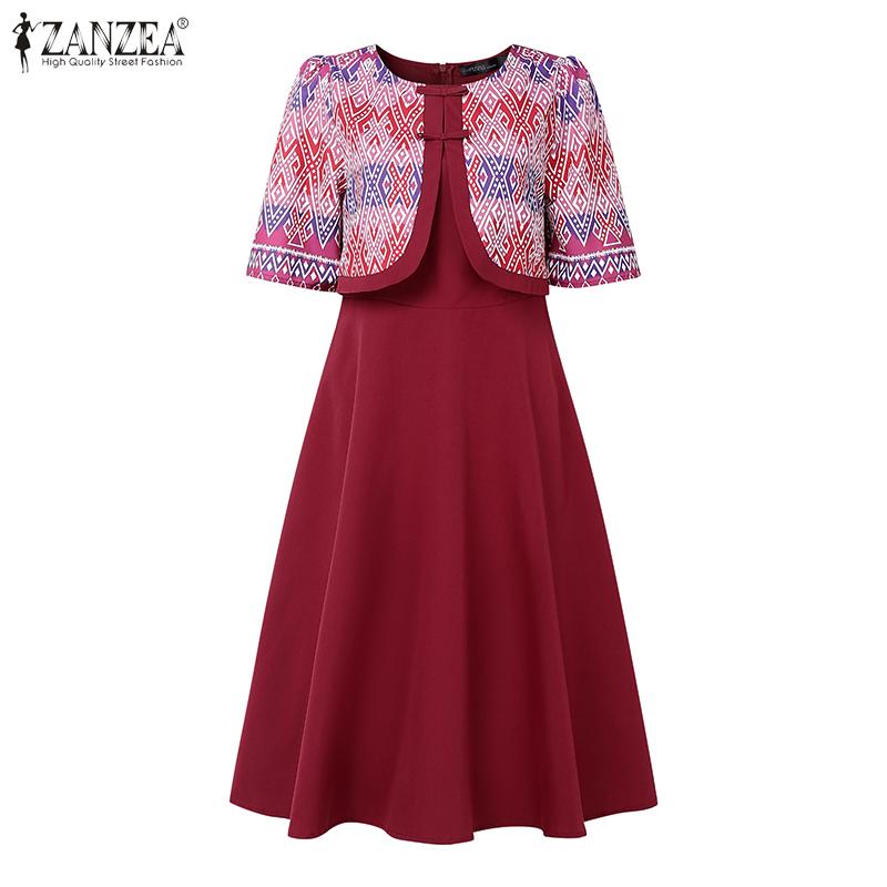 ZANZEA Women Casual Fake Two Piece Patchwork Retro Print Short Sleeve Dress