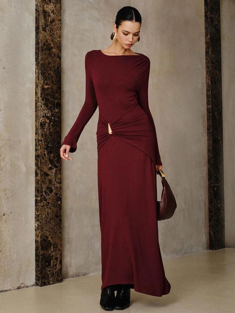 2025 Wine Red Slim Fit Knitted Long Dress with Metal Accents