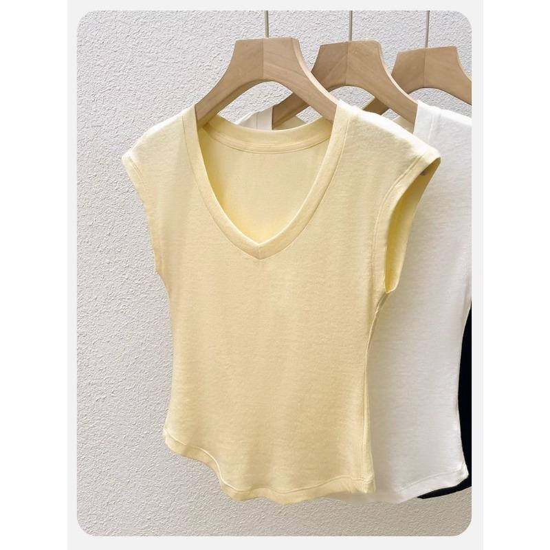 Top Corto de Punto Blanco Ajustado con Mangas Cortas y Cuello en V para Mujer