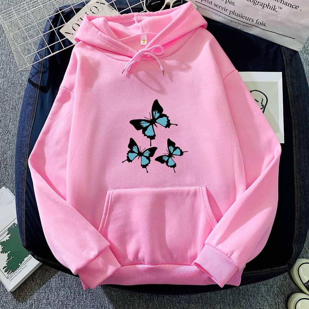 Autumn and Winter Black and Blue Butterfly Print Hoodie Sweatshirt for Men and Women Couples Korean Style Trendy Tops