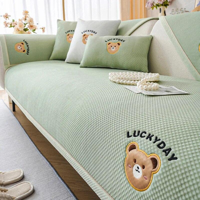 Pure Color Simplicity Ice Silk Sofa Cover Cartoon Embroidery Couch Mat Summer Cool Non-slip Sofa Cushion Soft Sofa Cushion Towel