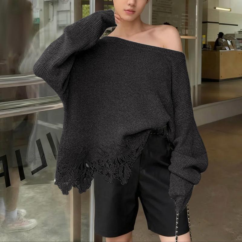 Autumn Women Off Shoulder Long Sleeve Lace Patchwork Knitted Sweater Jumper Pullovers