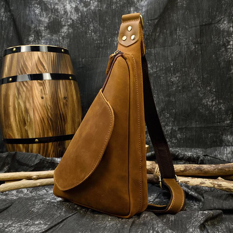 Borsello da Petto da Uomo in Vera Pelle, Borsello da Petto in Pelle Retro Crazy Horse, Borsa a Spalla Crossbody in Pelle di Vacchetta Primo Strato