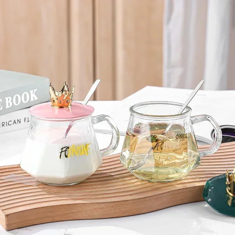 High-value Glass Cup with Spoon Lid, Creative Couple Coffee Mug Office Tea Anti-scald  Female Home