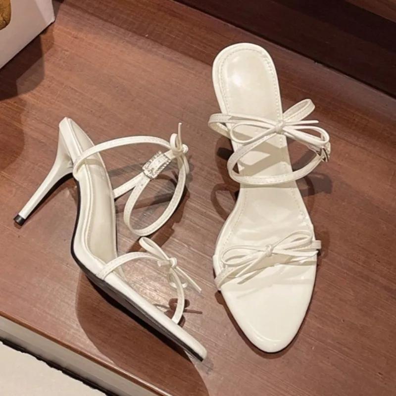 Fashion Bow Women Heeled Sandals Naked High Heels Shoes Woman Slingback 2025 Trend Summer Dress Square Toe Pumps Shallow Sandalias Mujer