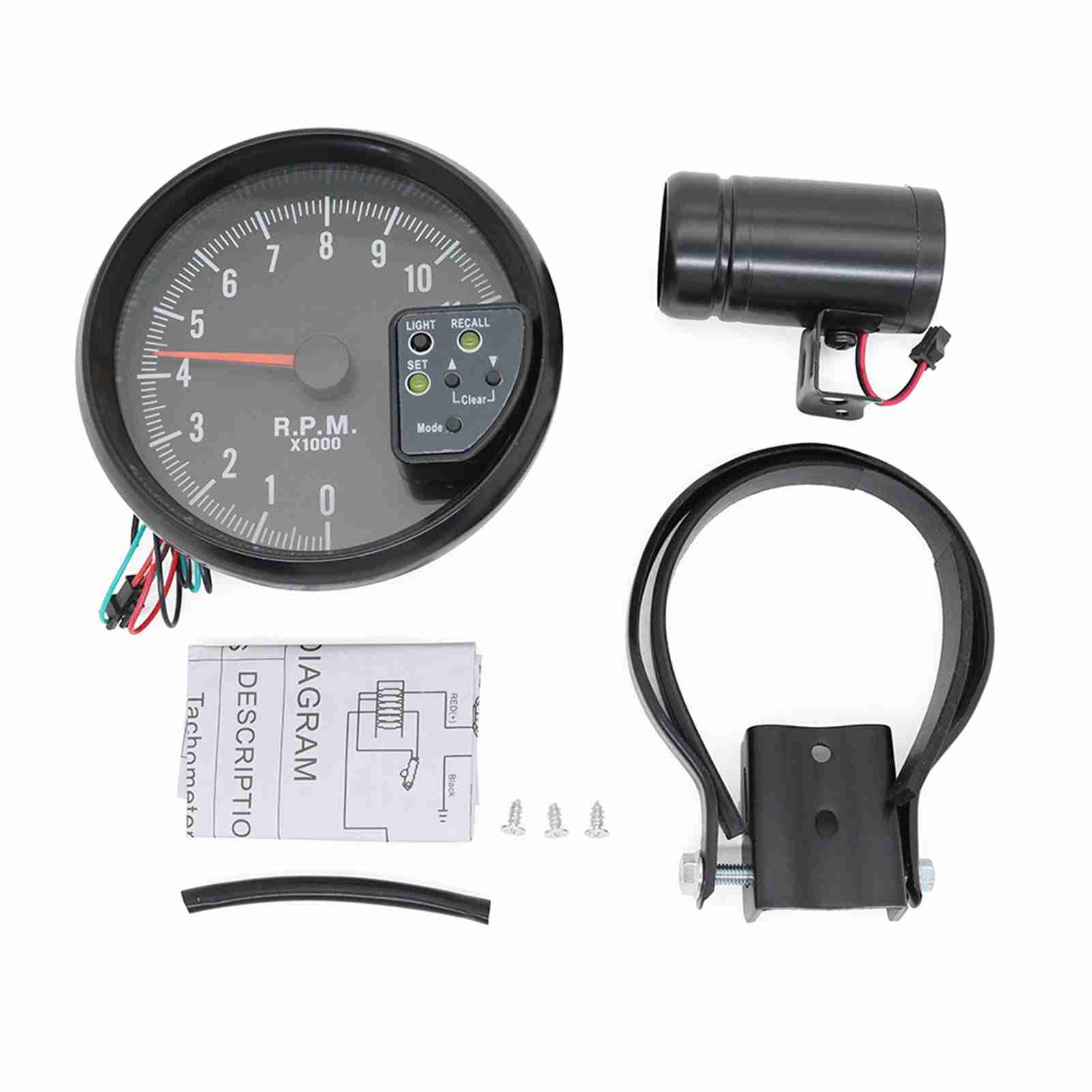 

5-inch tachometer, black, with 7-color backlight, shift light, peak alert tone, and LED flashing during RPM warning