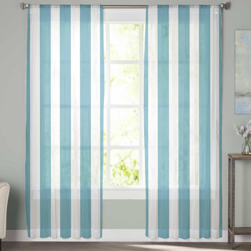 Gestreifte Cyanfarbene Transparente Vorhänge Moderner Gazevorhang für Wohnzimmer Schlafzimmer Voile-Garnvorhänge