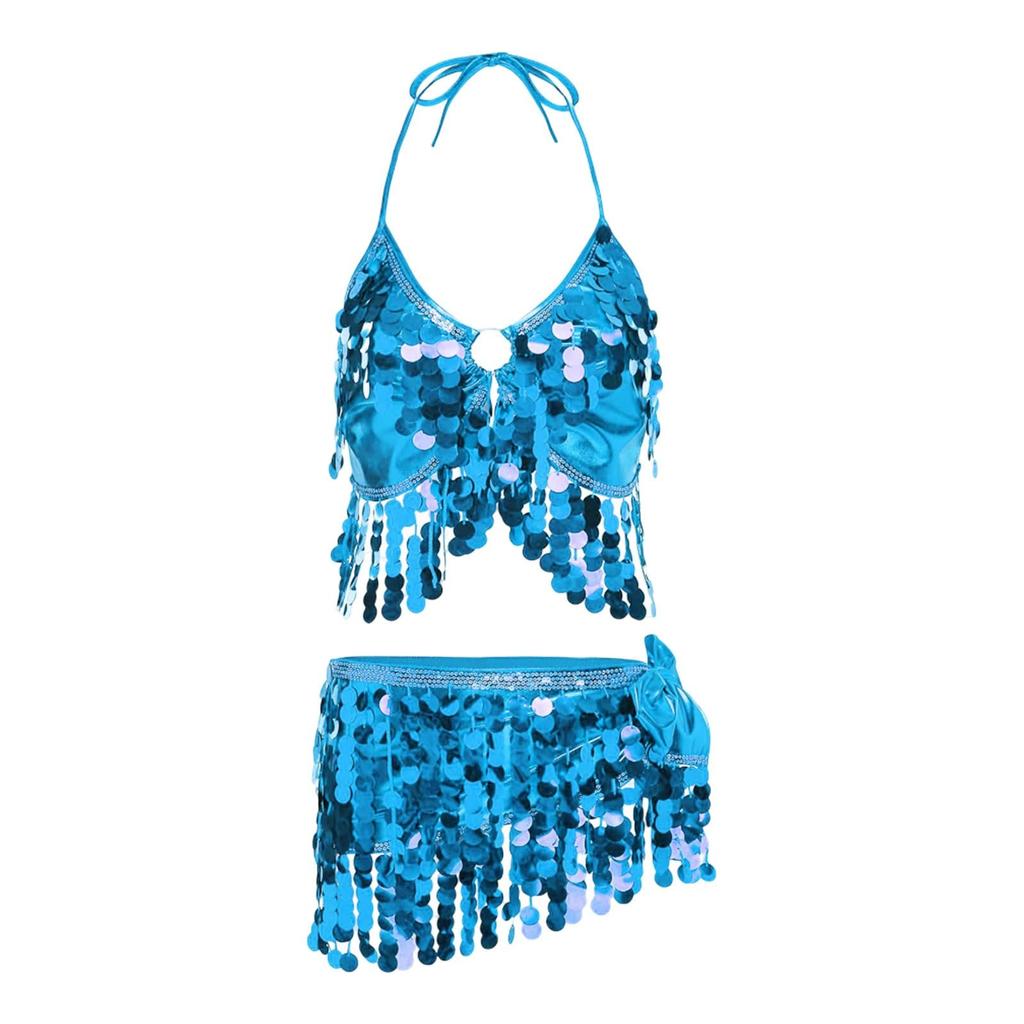 2 Deler, BH med paljettdusker, Topp med frynser, Magedansskjørt, Karneval, Klubb, Kostymer