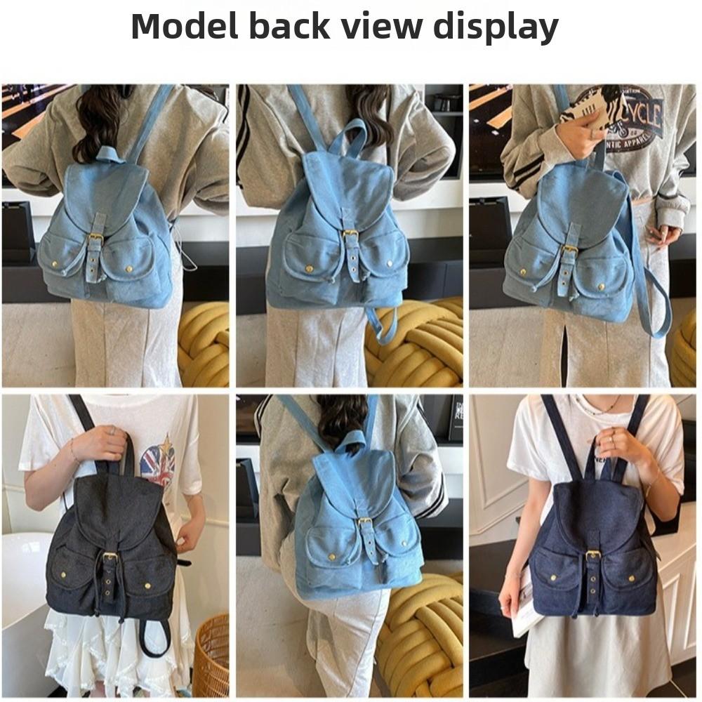 Washed Denim Retro Backpack Large Capacity Lace-up Drawstring School Bag Exposed Stitching Multi-pocket Commuting Bag Students