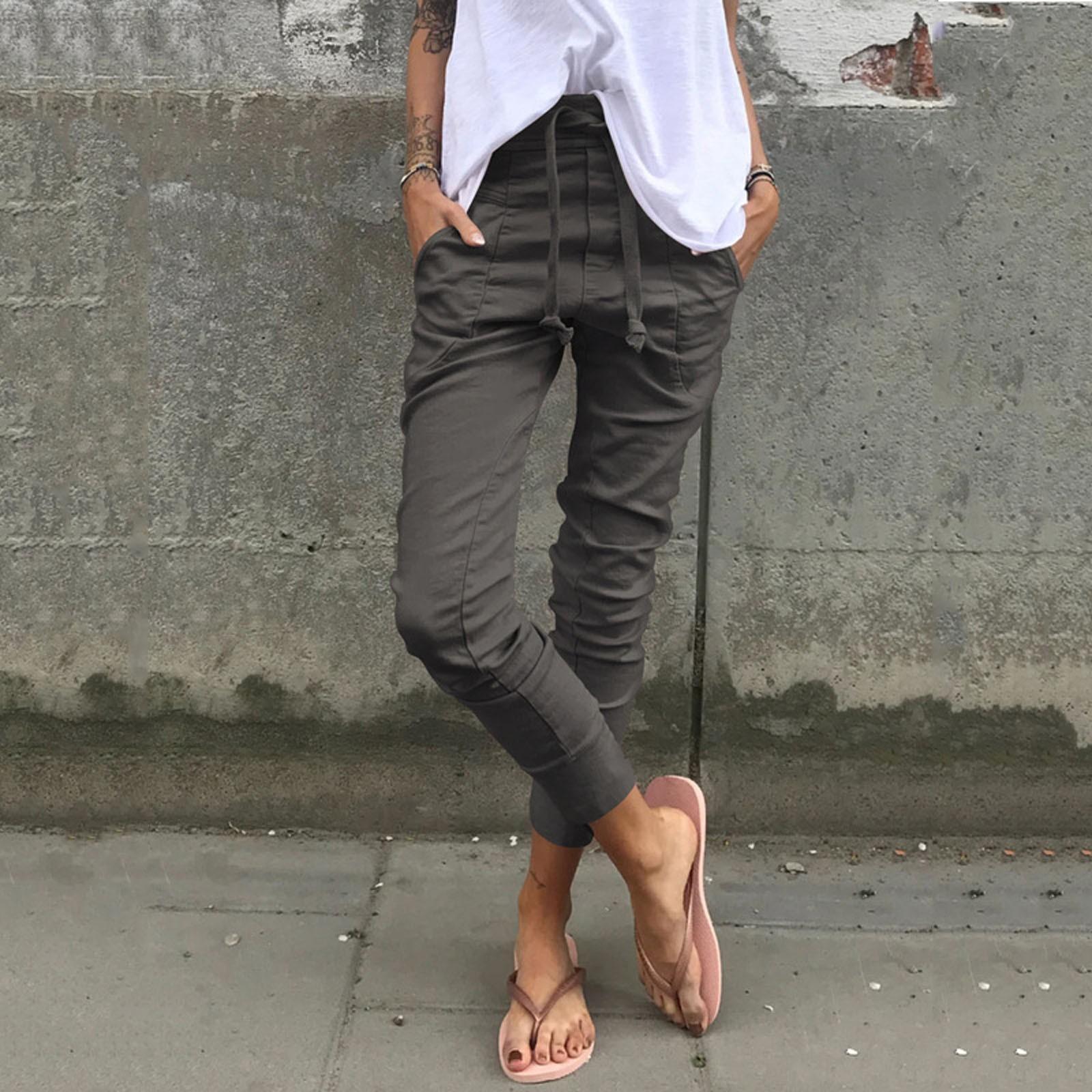 

Брюки Хлопковые повседневные брюки с эластичной резинкой на талии и карманами с микроэластичной резинкой Тонкие маленькие брюки для ног XL серый