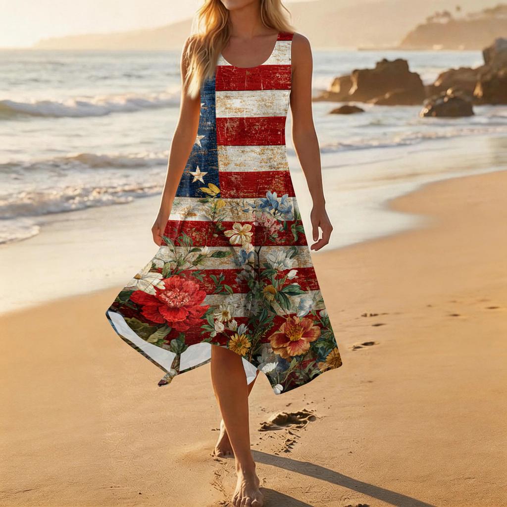 Women Sleeveless Crew Neck Casual Printed Asymmetrical Hem Mid Length Dress for Summer Holiday Daily Wear
