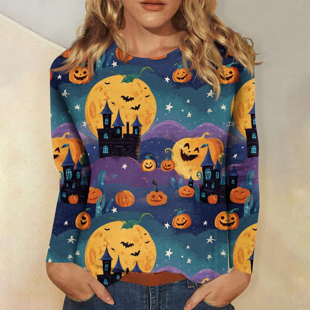 Women's long-sleeved loose-necked Halloween print casual top , suitable for holiday parties