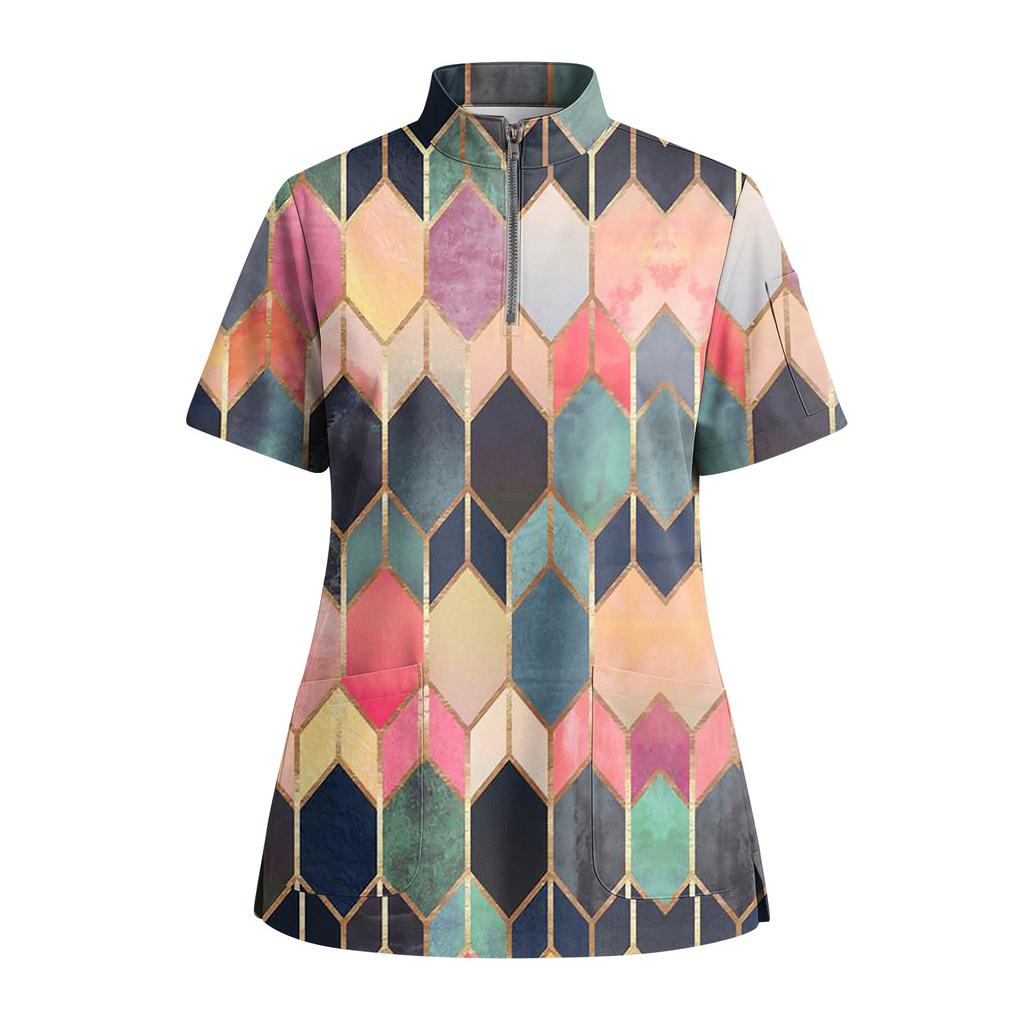 Women's Short Sleeved Printed V-neck Buttonable Side Slit Top T-shirt