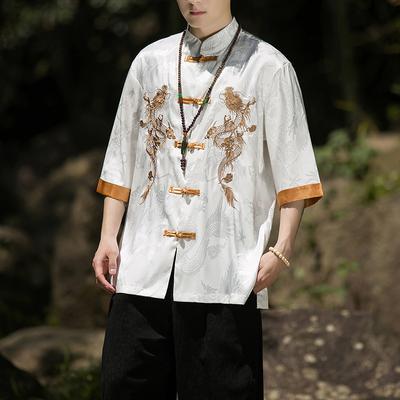 Summer Chinese Traditional Dragon Embroidery Shirt Men Short Sleeve Shirts