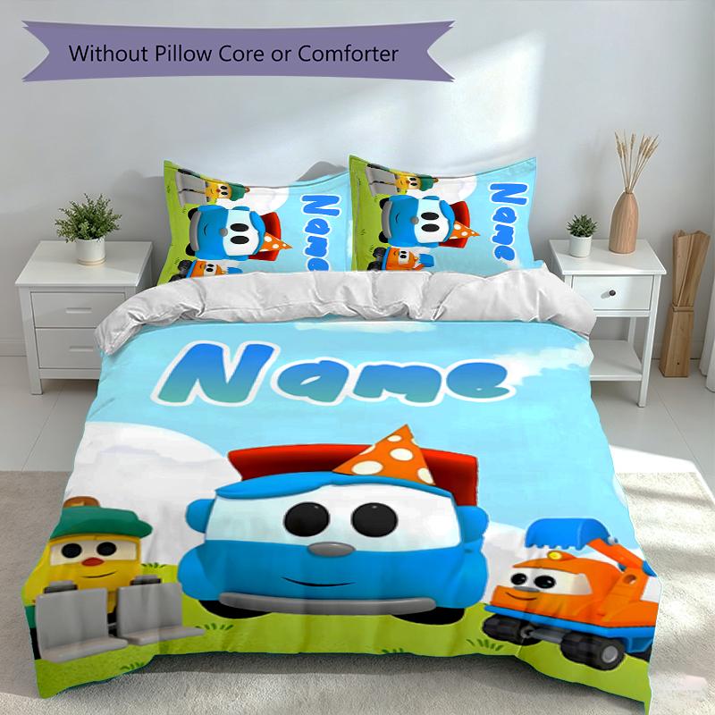 Set 3 Pezzi Camion Leo con Nome Personalizzato, Include 1 Copripiumino e 2 Federe, Arredo Camera da Letto per Tutte le Stagioni