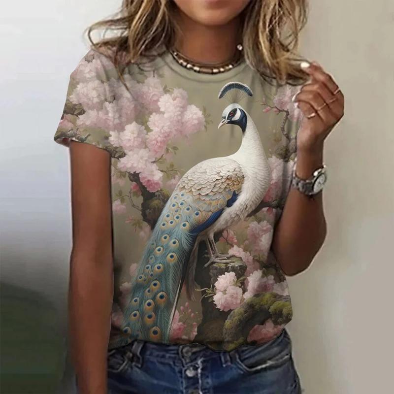 Peacock T-Shirts Animal Women Fashion O-Neck Short Sleeve T Shirt Y2k Harajuku Oversized Tees Tops Female Clothing