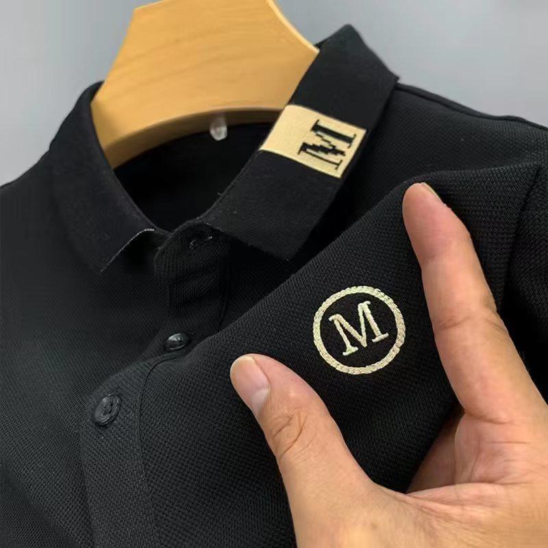 Men's Summer Short Sleeve Embroidered Polo Shirt, Turn-Down Collar, Plus Size, Solid Color