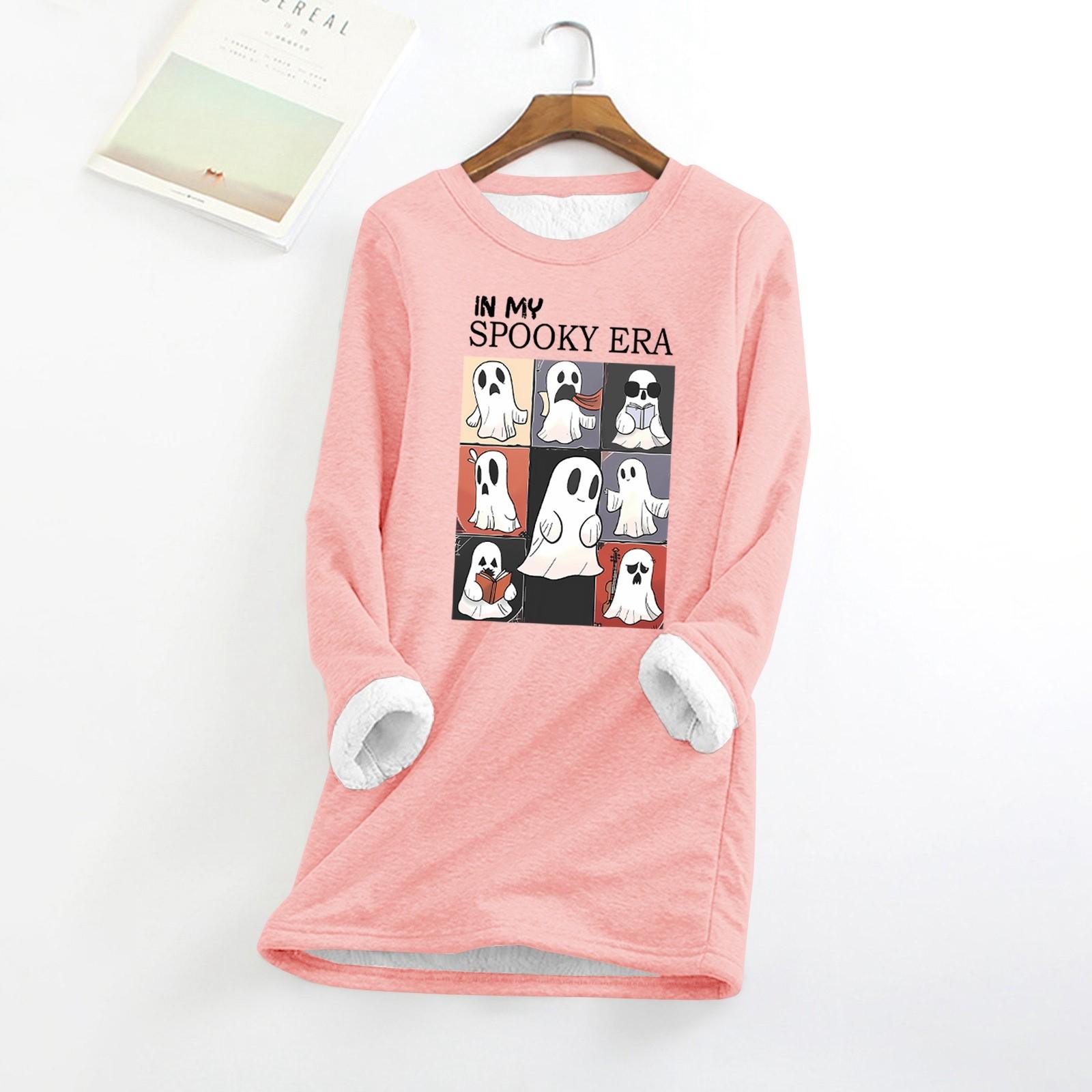 

Женский круглый вырез с принтом Хэллоуина, утолщенный плюшевый кашемировый теплый длинный топ XL розовый