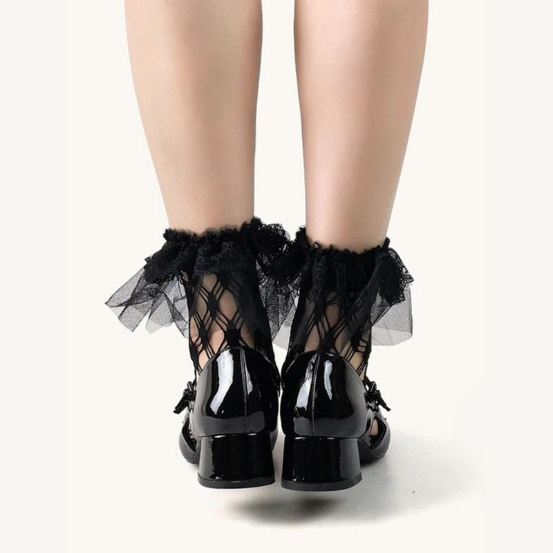 Black Mesh Socks For Women Elegant Ruffle Frilly Dress Socks Hollowout Fishnet Rhombus Patterned Ankle Socks Hosiery