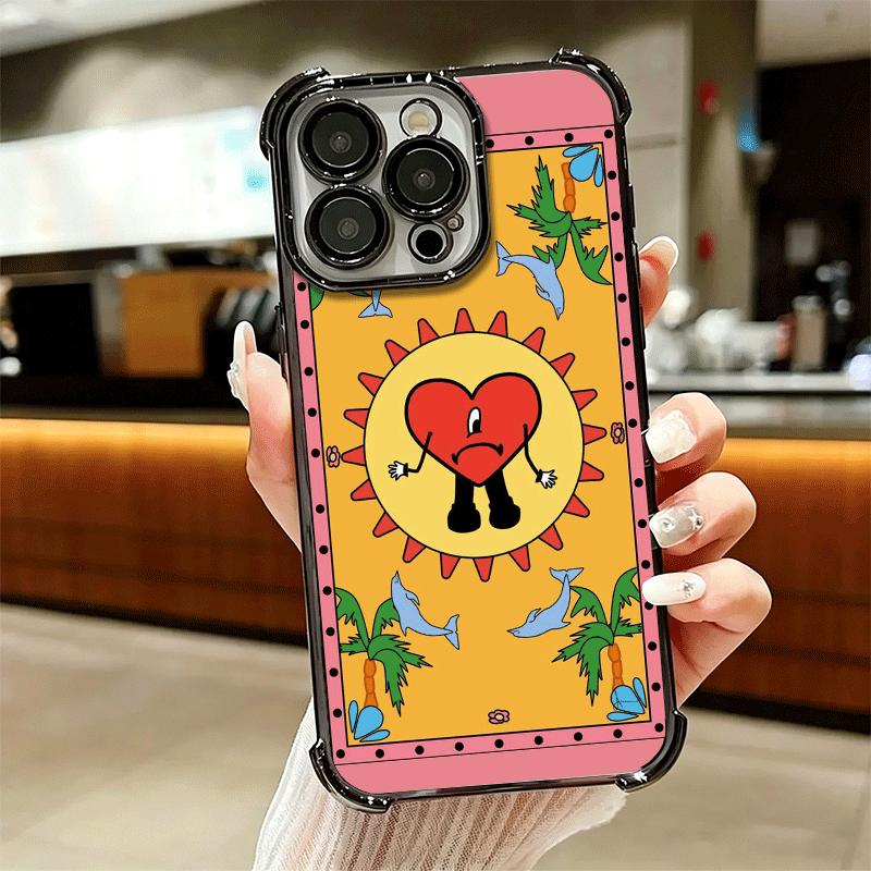 Bad Bunny Heart Plating Phone Case For Iphone 16 17 Pro Max Air 16E 14 15 Plus 12 13 Mini Anti-Fall Airabag Cover
