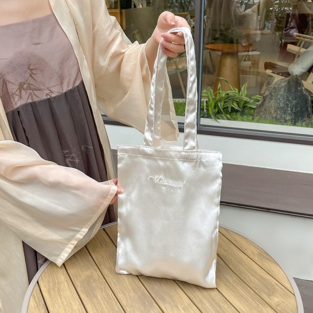 

Letter Embroidery Satin Silk Tote Bag Large Capacity Simple Underarm Handbag Outdoor белый