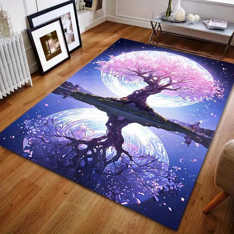 Mond- und Kirschblütenbaum-Muster Teppich Wohnzimmer Schlafzimmer Büro Großflächiger Teppich Computerzimmer Spielzimmer Dekorative Matte Geschenk