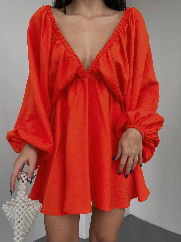 New V-Neck Long Sleeve Dress, Self-Designed Bubble Sleeve Maxi Dress