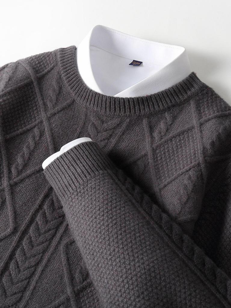 Men's British Style 100% Wool Sweater, Round Neck, 3D Cable Knit, Loose Fit, Five-Needle Thickened Casual Base Layer.