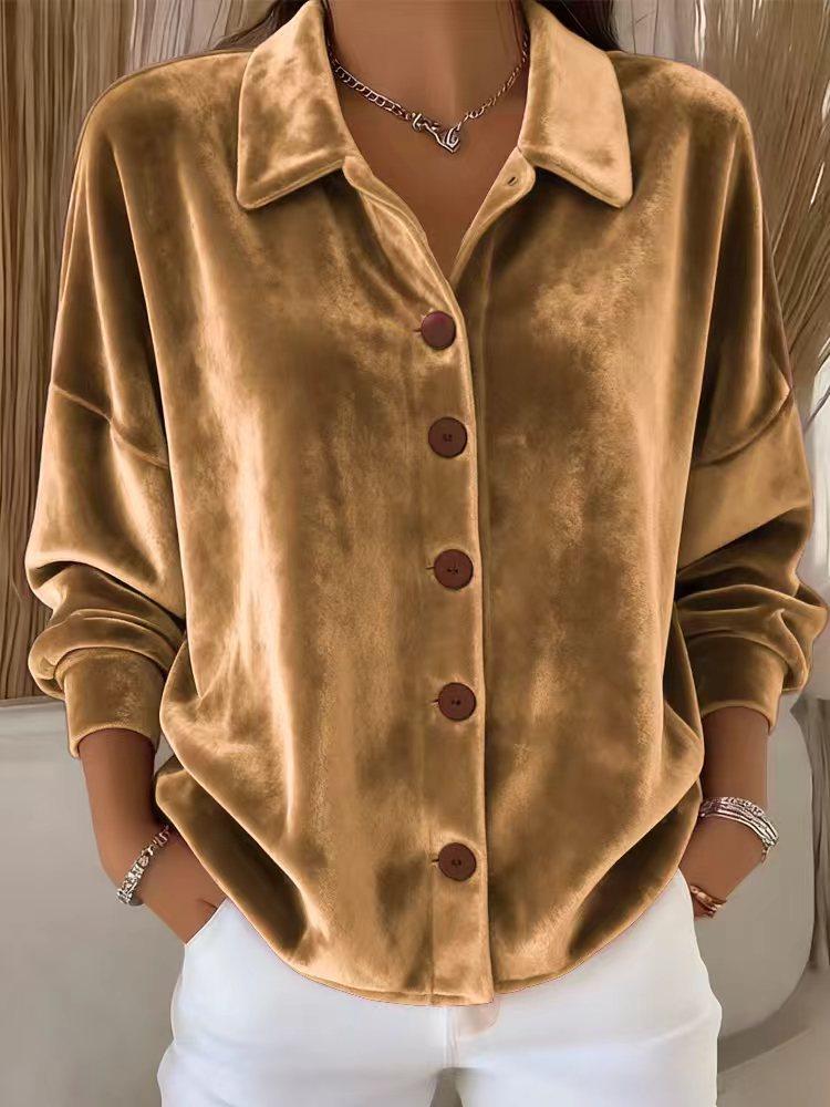 Women's Gold Velvet Long Sleeve Cardigan Shirt with Collar - European & American Style