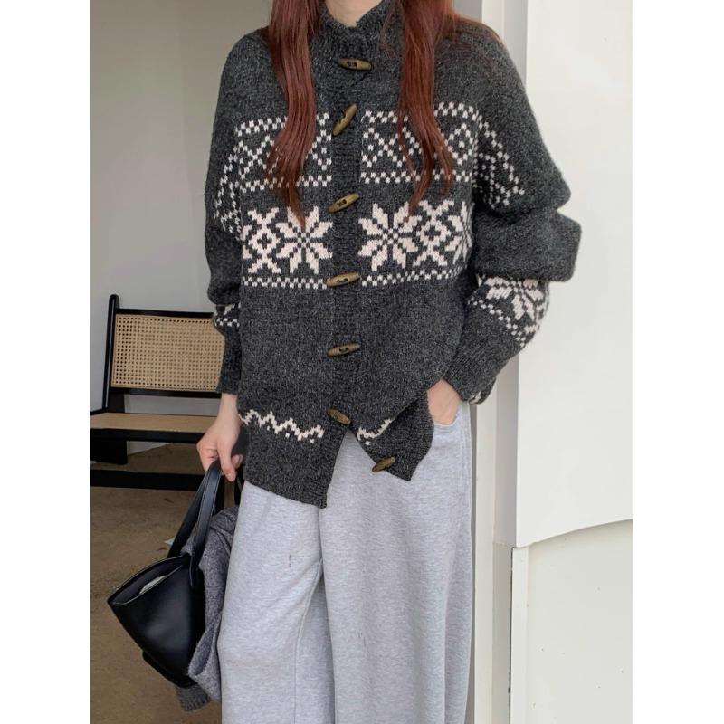 

Винтажный кардиган крупной вязки в стиле Фэр-Айл, женский осенне-зимний, новый, с полувысоким воротом и пуговицами-рожками one size fits all серый