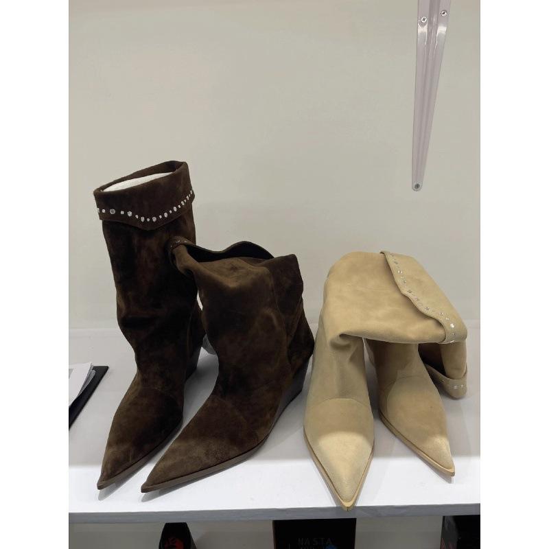 Sheepskin Version Pointed Toe Heel Temperament Suede Stacking Boots Women's Rivets Korean Height-increasing and Thin Boots Retro Western Boots