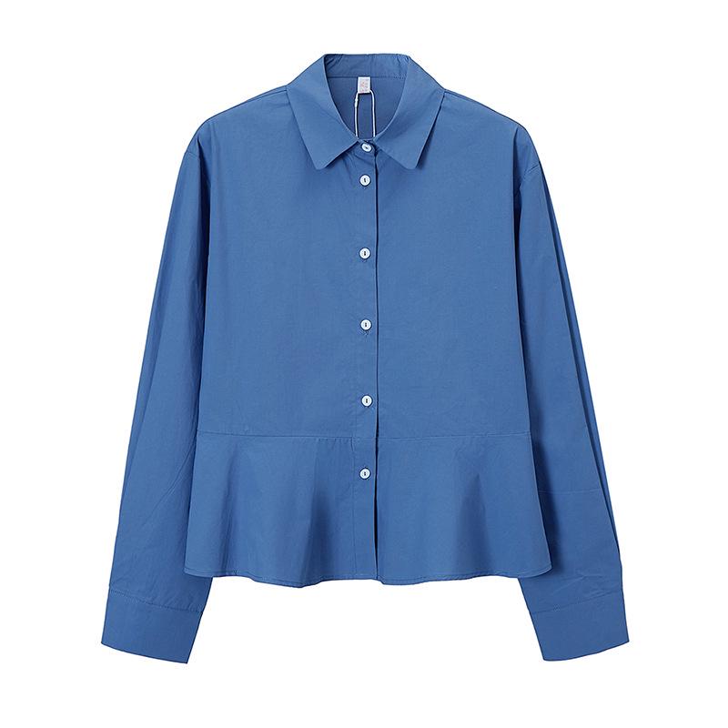 Women s White Cotton Shirt, Loose Fit, Lapel, Cinched Waist, Patchwork, Elegant, Versatile, Slimming, Long Sleeve Medium темно-синий