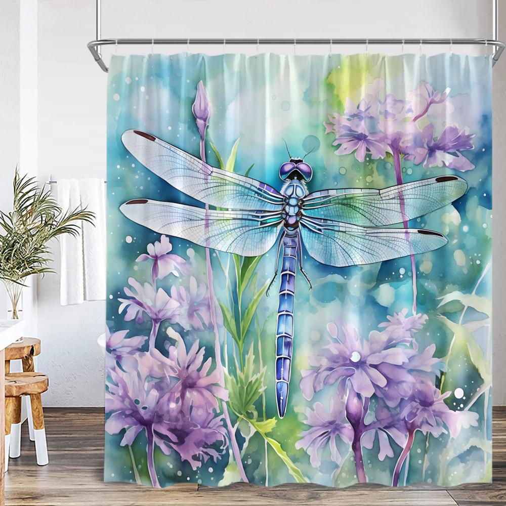 Vintage Dragonfly Shower Curtain Insect Plant Purple Flower Wistera Daisy Bathroom Decor Polyester Bathtub Curtain with Hooks