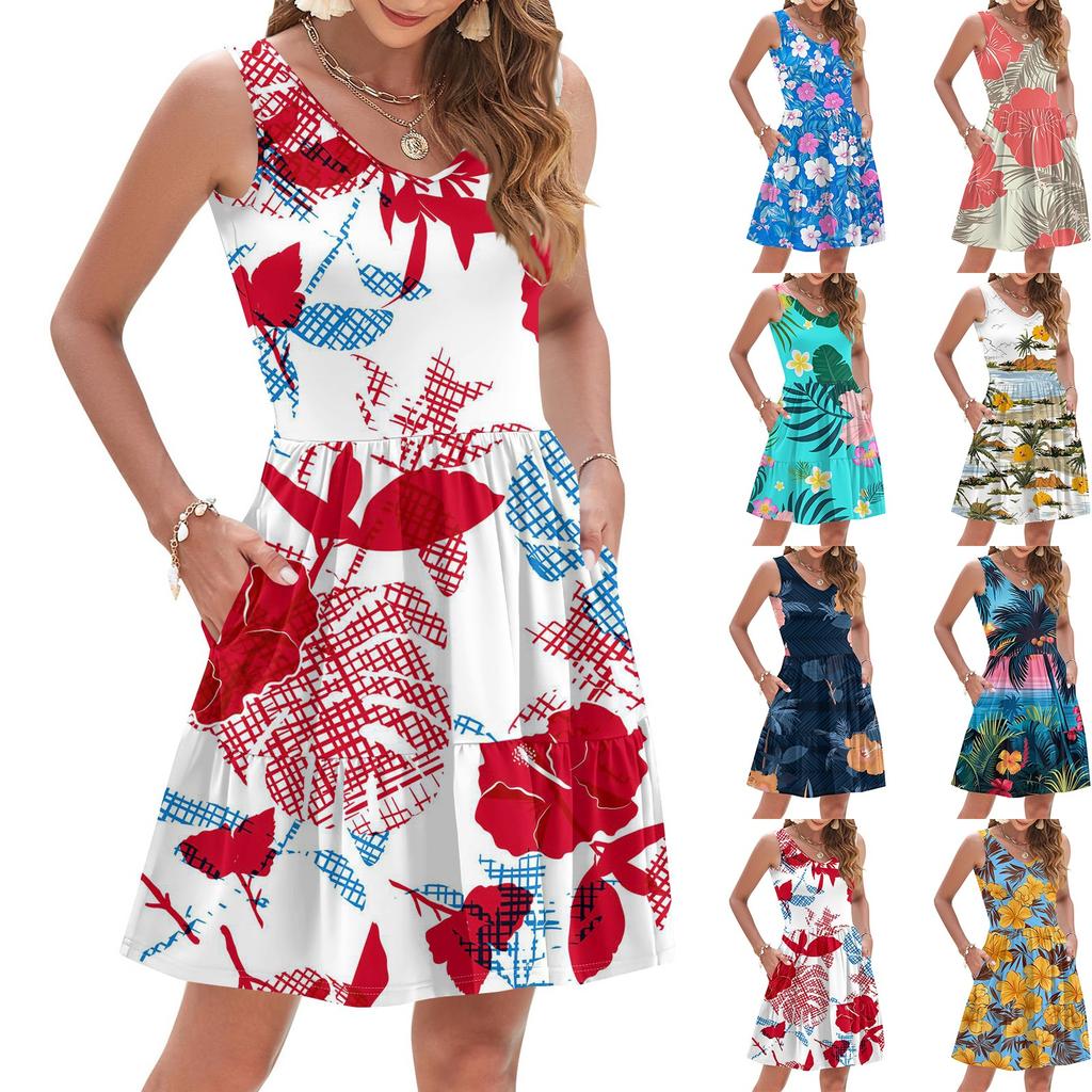 Women's Summer Fashion Casual V-Neck Pleated Stitching Hawaiian Floral Print Sleeveless Pocket Vest Dress
